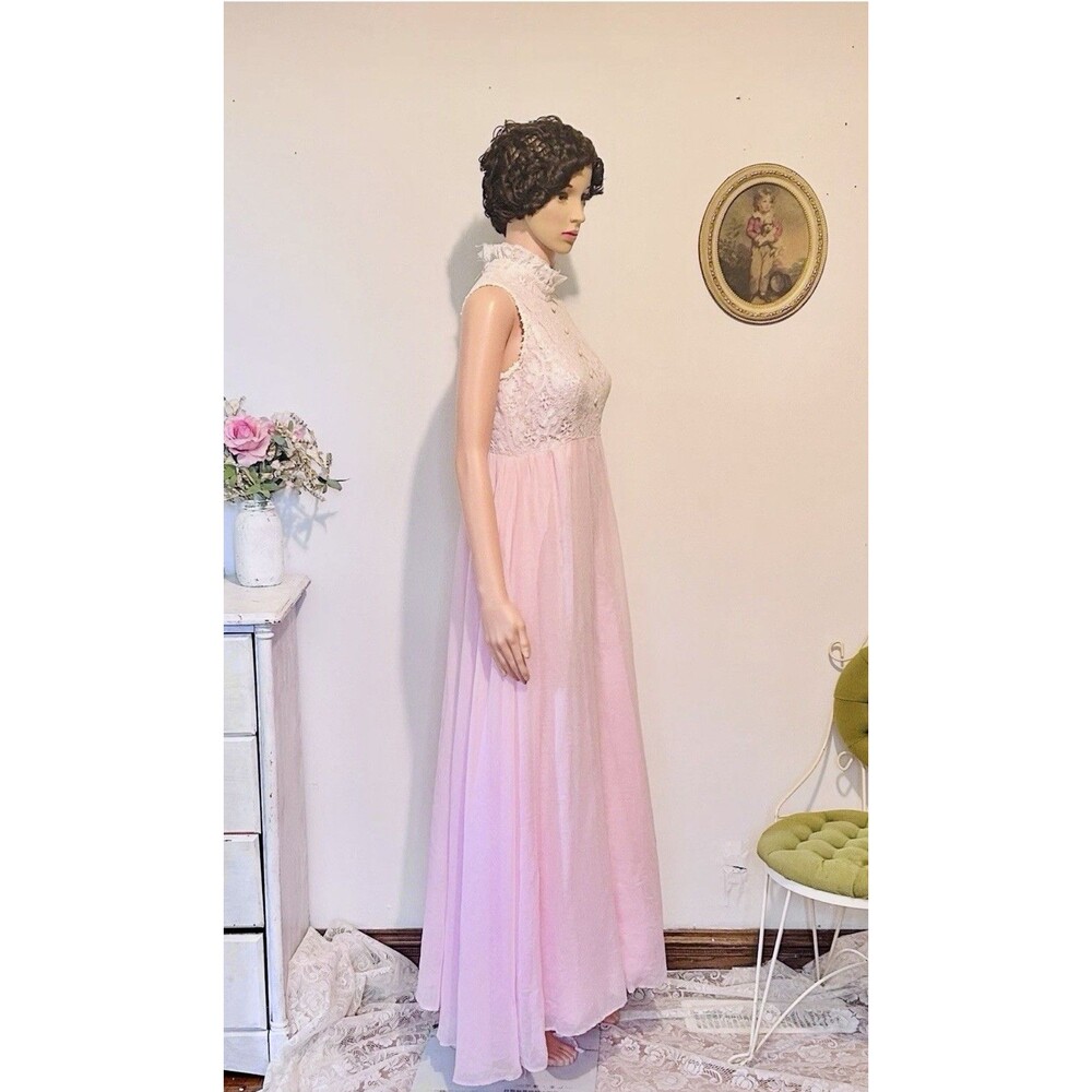 Vtg 60s Dress Empire Waist Daisy Lace Bodice High Neck Gown Maxi Womens Size 30w